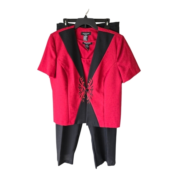 Perceptions 3 Piece Pant Suit Sz 18 Red Black Long Sleeve Embroidered Career - Picture 1 of 16